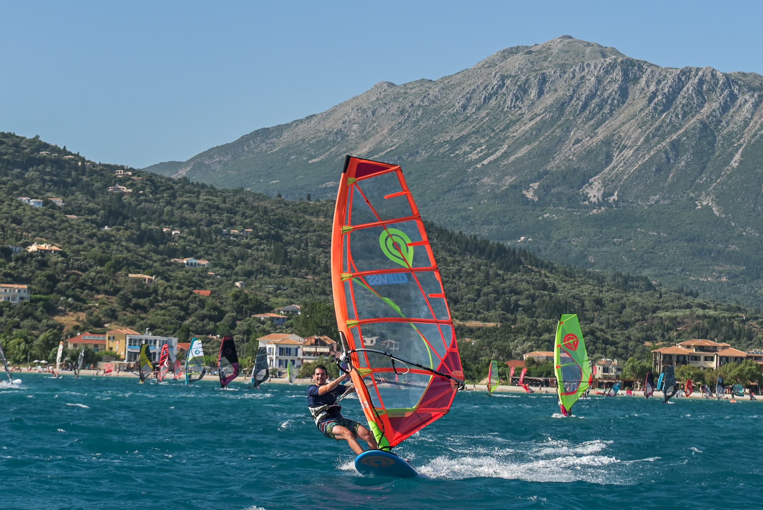 Windsurfing at Vassiliki, Lefkada, Greece. Jul 2023